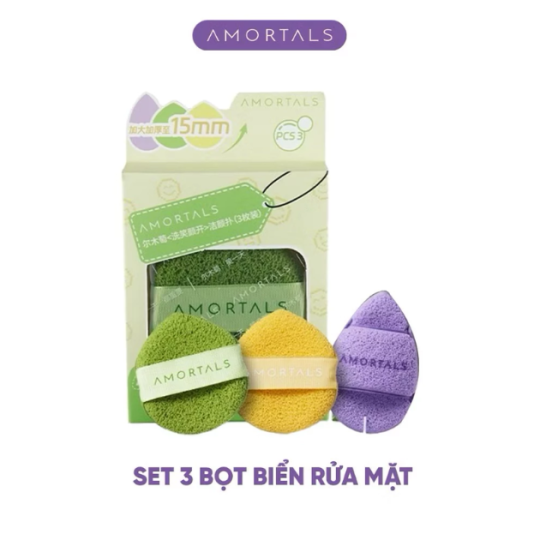 Bông Mút Rửa Mặt Amortals Dạng Giọt Nước Hỗ Trợ Rửa Mặt Chuyên Sâu, set 3 miếng