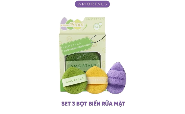 Bông Mút Rửa Mặt Amortals Dạng Giọt Nước Hỗ Trợ Rửa Mặt Chuyên Sâu, set 3 miếng