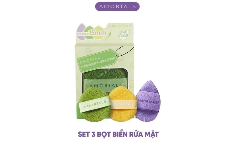 Bông Mút Rửa Mặt Amortals Dạng Giọt Nước Hỗ Trợ Rửa Mặt Chuyên Sâu, set 3 miếng