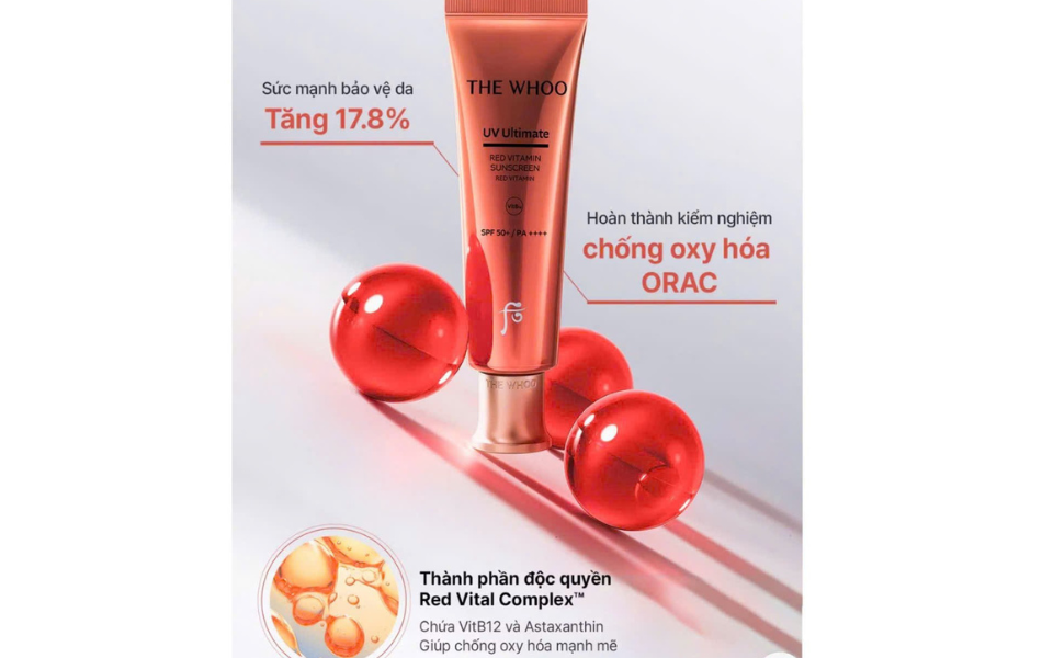 Tinh chất chống nắng chống lão hóa, chống oxy hóa làm dịu da The Whoo UV Red Vitamin Sunscreen 50ml Special set